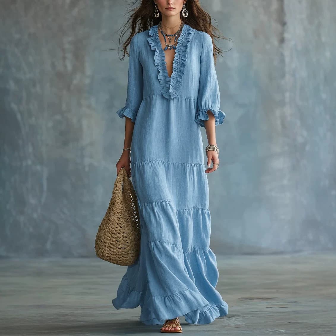 EU/US Cross-Border Amazon TK Women's Bohemian V-Neck Layered Casual Flowing Long Ruffle Hem Dress