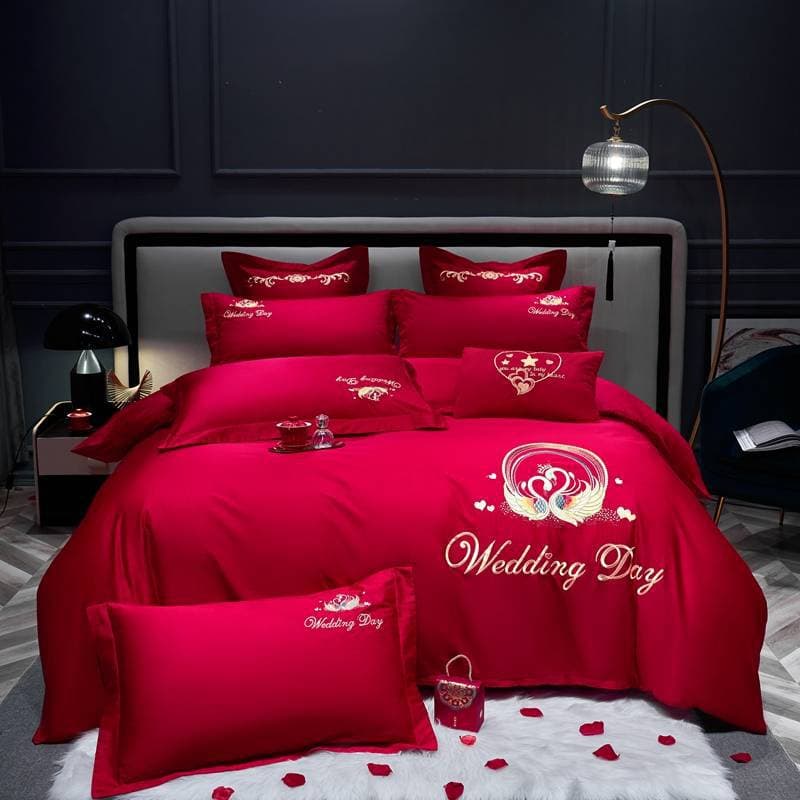 2025 Mu Her Wedding Four-Piece Set Big Red Scrub Skin-Friendly Cotton Embroidered Wedding Craft Bedding