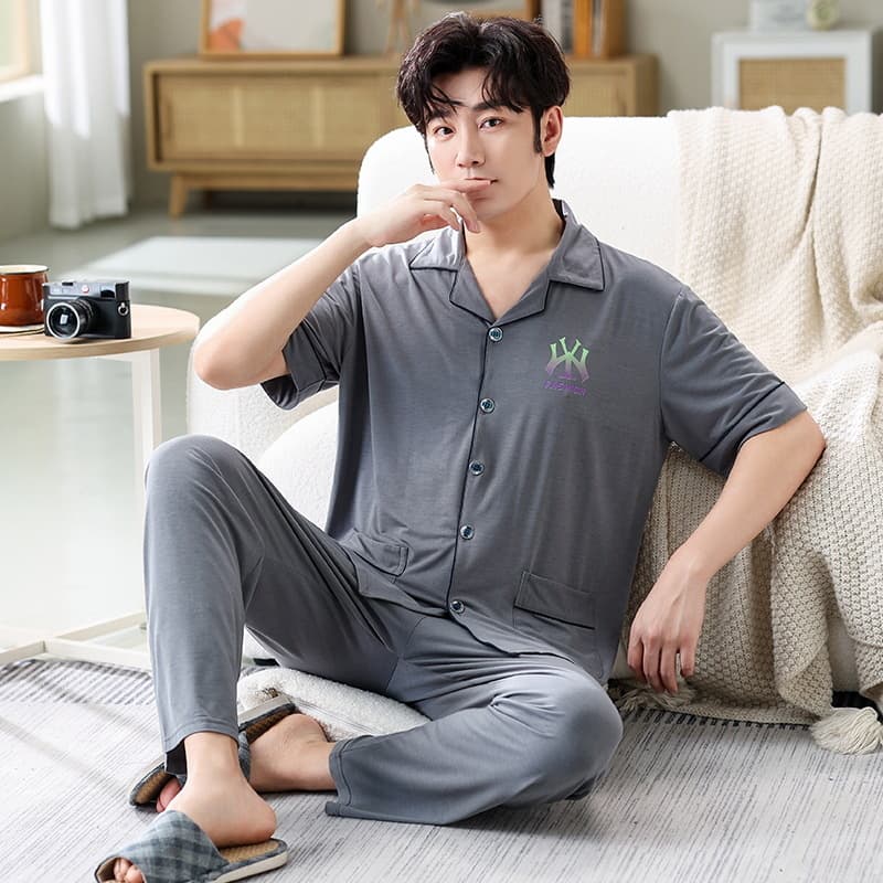 Men's Summer Modal Short Sleeve Pajama Set with Long Pants, Ice Silk, Plus Size, Half Sleeve Loungewear