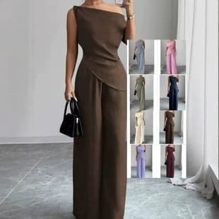 2026 New Fashionable Off-Shoulder Sleeveless Solid Color Wide-Leg Pants Set for Amazon Cross-Border Sales, Elegant Two-Piece Set