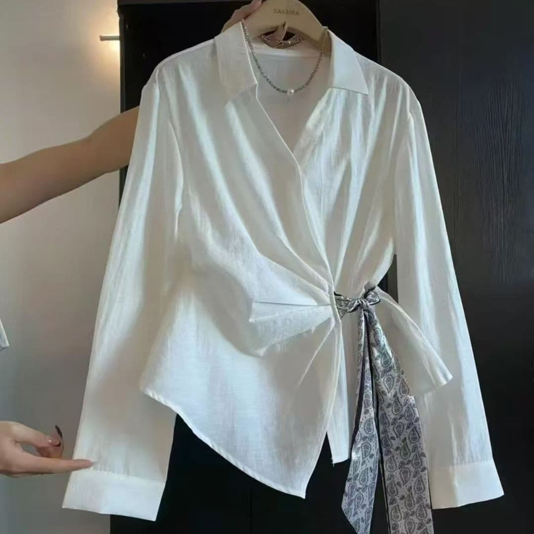 French Elegance Silk Tie V-Neck Blouse for Women, Autumn Unique Pleated Waist-Cinching Long-Sleeve Top