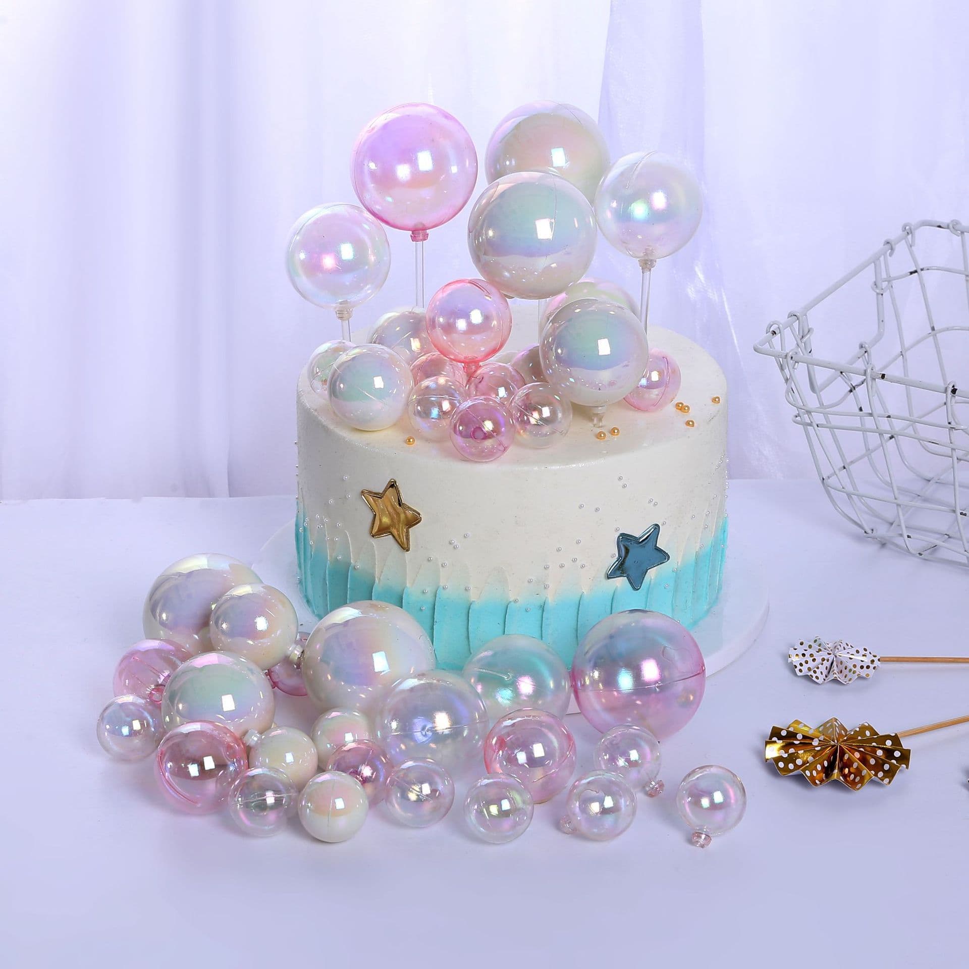 Clearance Birthday Baking Cake Topper Accessories Translucent Ball Pink White Iridescent Ball Cake Decoration