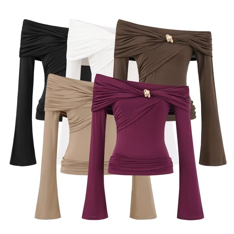 Sexy Irregular Off-Shoulder Long Sleeve Stretch Tight Fitted T-Shirt Solid Color Top