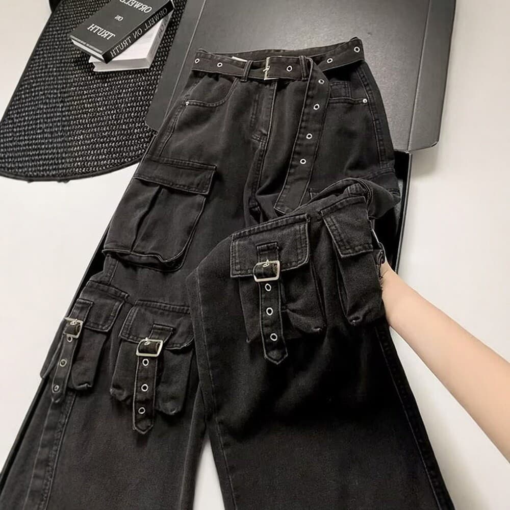 High street vibe multi-pocket cargo jeans men's loose wide-leg washed and distressed trendy casual pants spring and autumn