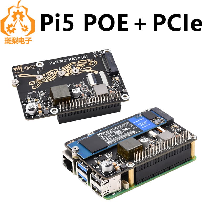 Raspberry Pi 5 PoE Power Supply with PCIe to M.2 NVMe SSD Expansion Board (B) 2280