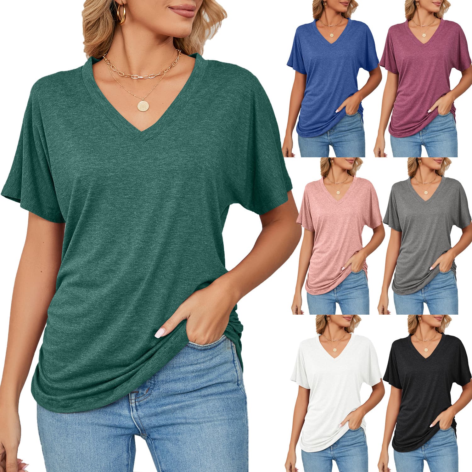 Amazon 2023 European and American Cross-border Foreign Trade Summer New Casual Pullover V-Neck Solid Color Loose T-Shirt Women's Top