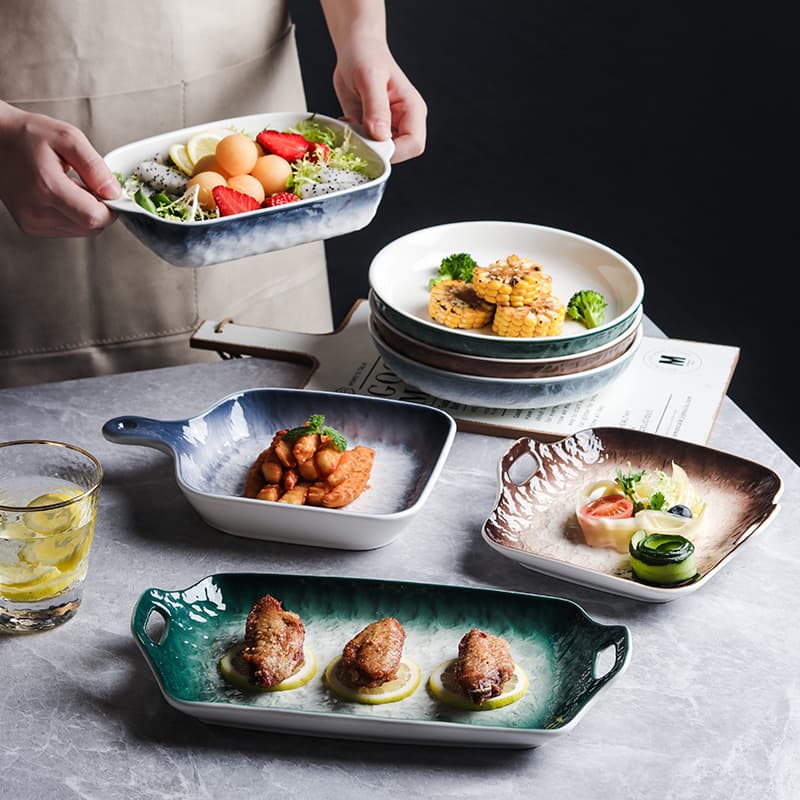 Japanese Style Luxury Ceramic Plate Double Ear Baking Tray Salad Plate Home Use Dish Fish Breakfast High Aesthetic Tableware