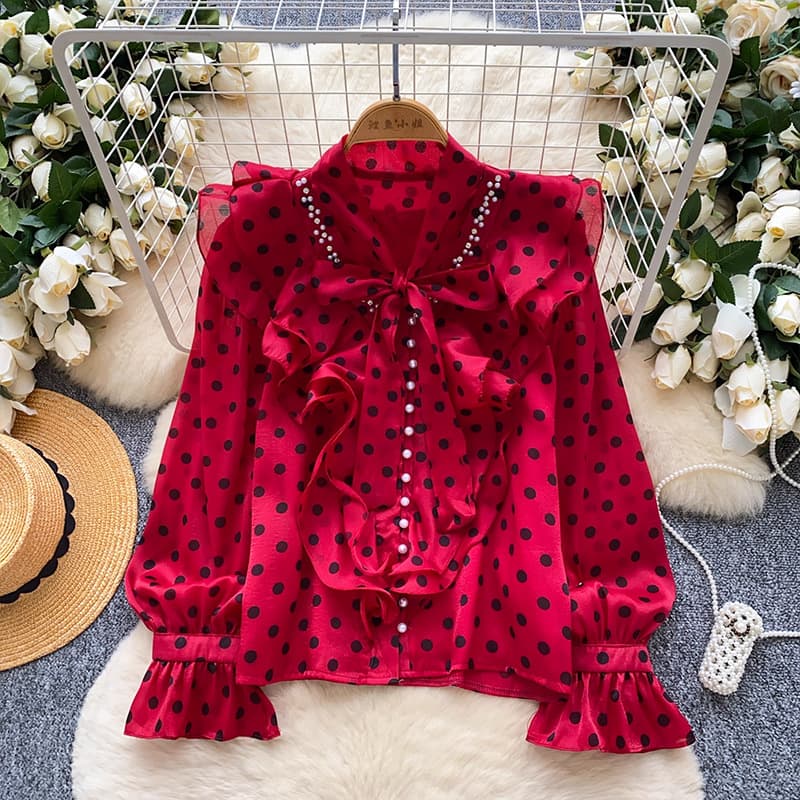French Retro Court Style Heavy Beading Bow Tie Ruffle Spliced Long Sleeve Polka Dot Chiffon Top