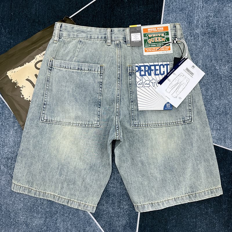 Summer American Premium Men's Denim Shorts Japanese Vintage Thin Casual Distressed Loose Straight Mid-Length Pants Men