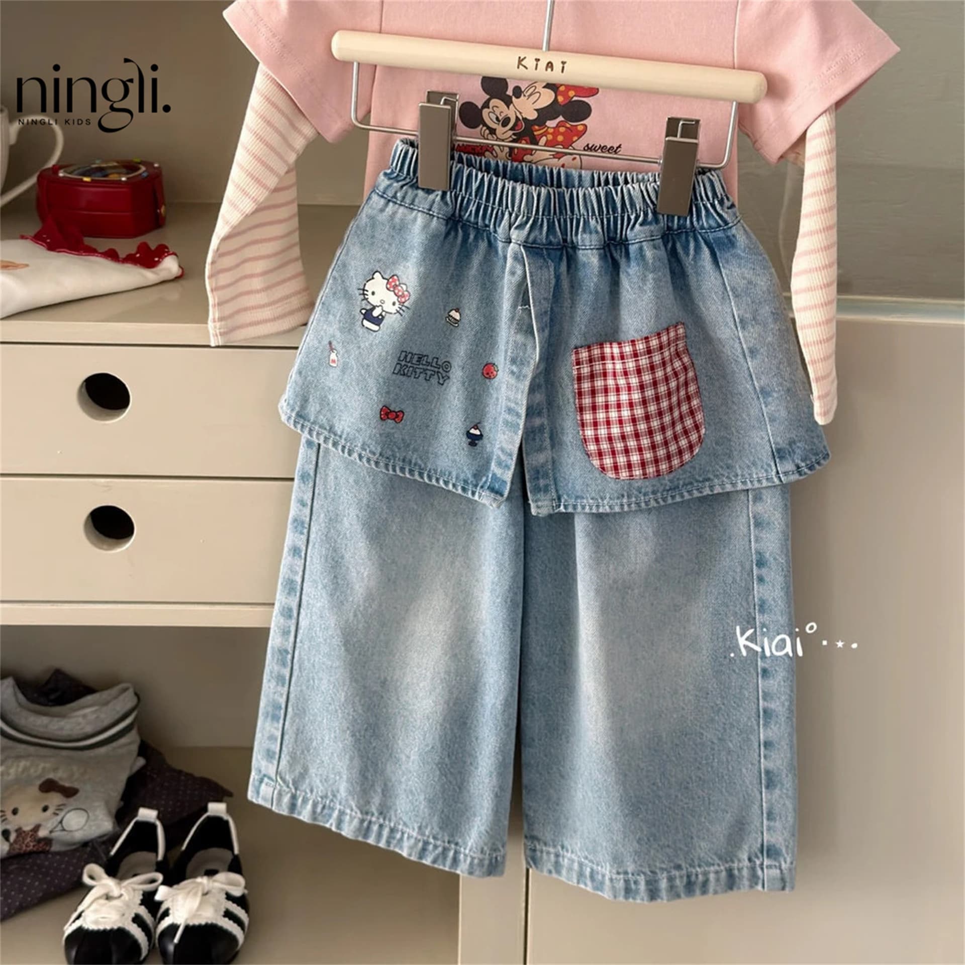 Ningli Children's Clothing 26 Spring Collection Girls Toddler Korean-style Mickey Mouse Faux Two-piece T-Shirt Embroidered Straight-leg Denim Long Pants Skirt Pants