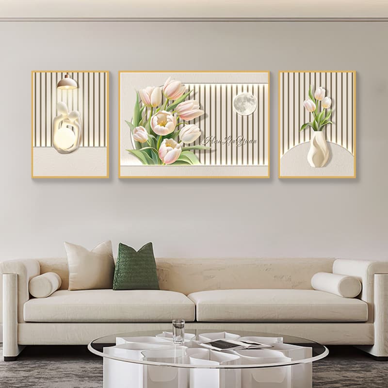 Nordic cream-style living room decorative painting, still life with green plants, sofa background wall high-end triptych floral 70200