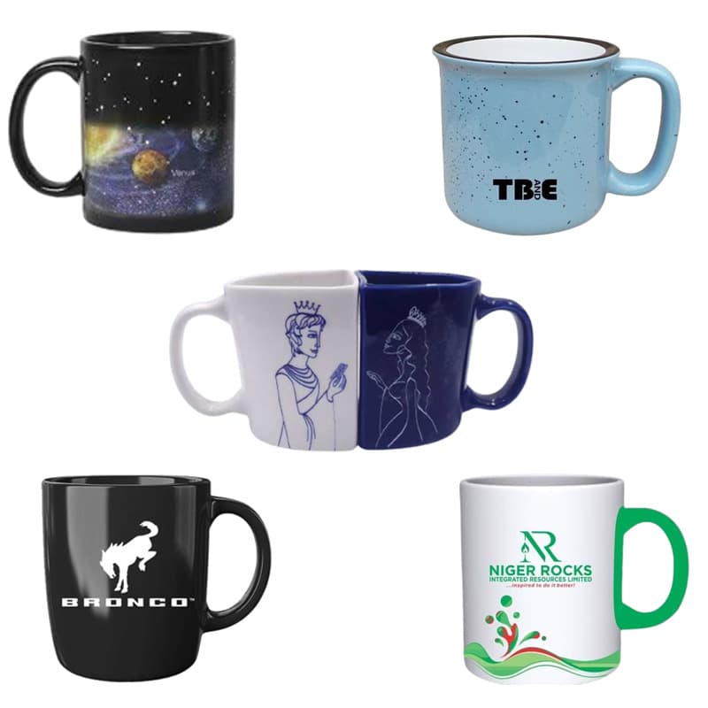 Custom advertising cups and promotional cups with printable logo, color-changing cups, ceramic cups, heat transfer cups, and sublimation cups