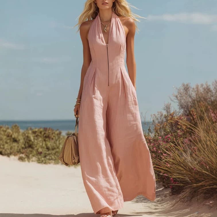 European and American style halter neck sleeveless jumpsuit cross-border fashion wide leg pants V tie zipper solid color waist jumpsuit