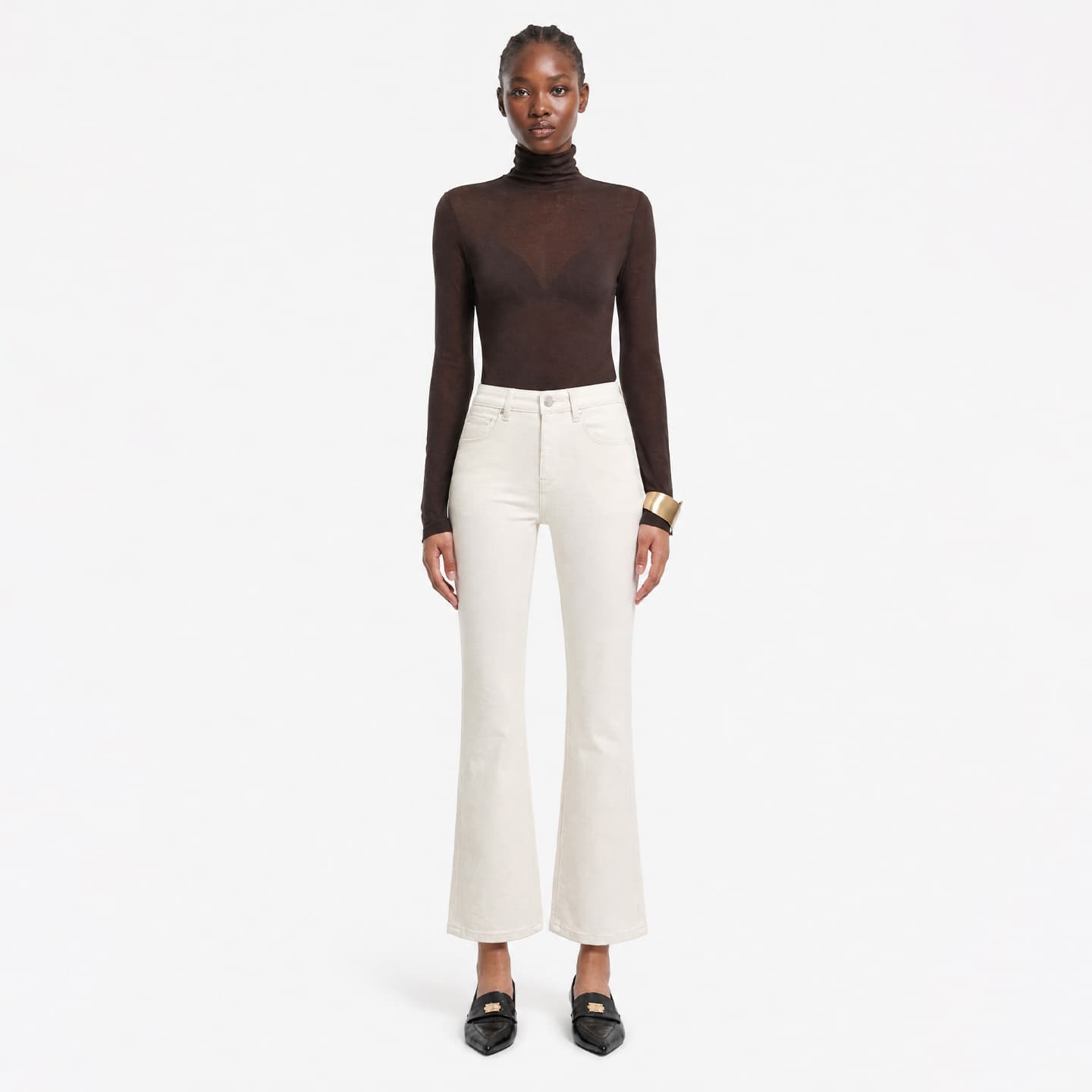 Muted Intellectual Style / Four-Way Stretch 9/4-Length High-Waist Flared Jeans for Women, White, Petite Size 26, Early Autumn New Arrival