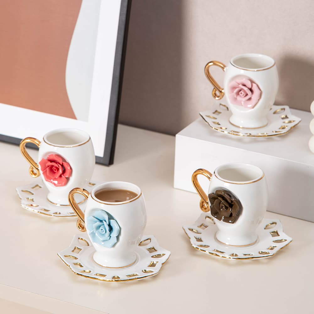 Creative Ceramic Rose Coffee Cup, Small Fragrance Style 3D Cup, Afternoon Tea Coffee Cup & Saucer Set, Espresso Cup & Saucer