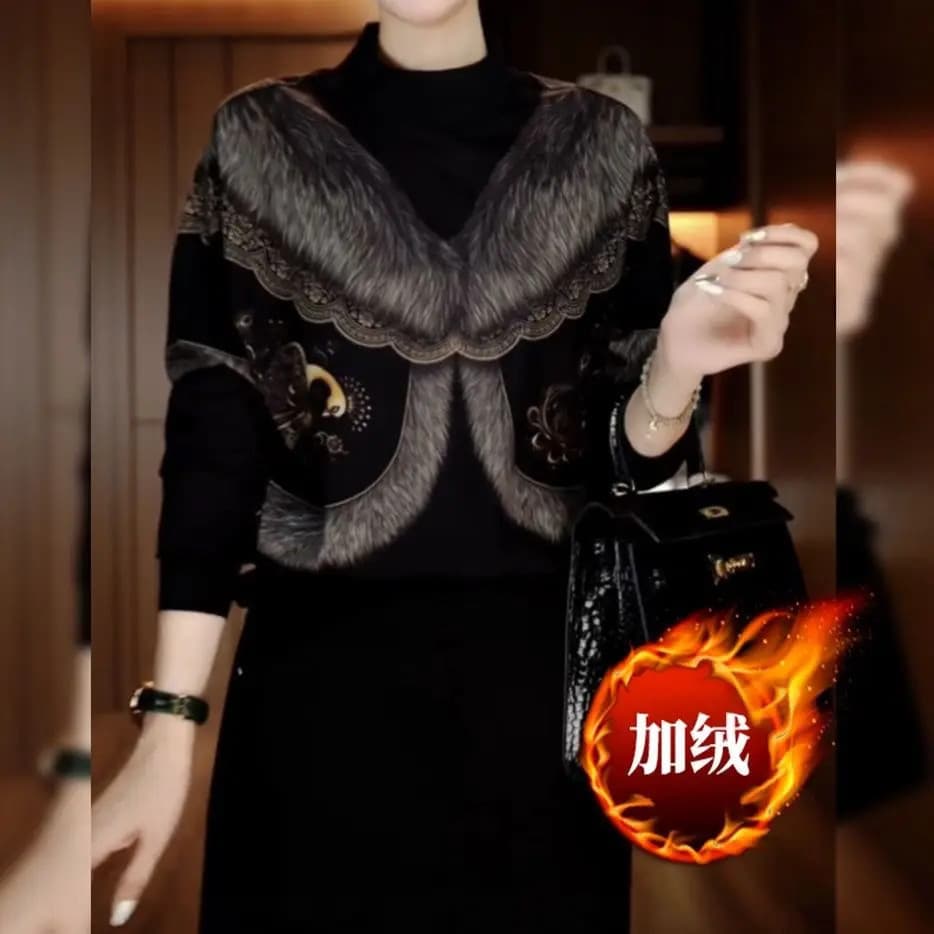 Autumn/Winter Mom's Wear Elegant Internet Celebrity Style Fashion Fleece-Lined Winter Base Layer T-Shirt
