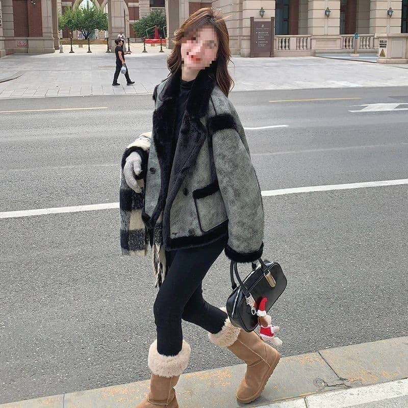 New Large Lapel Fur Coat Women Autumn Winter Thickened Loose Retro Fluffy Jacket