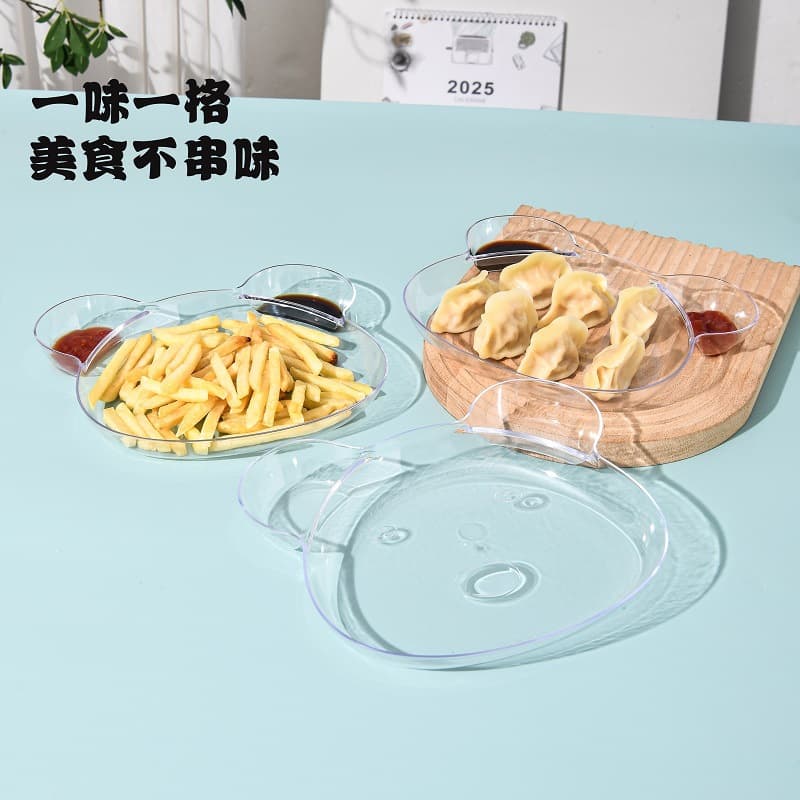 Bear-shaped Plastic Dumpling Plate with Dipping Sauce Dish, Transparent Creative Home Snack and Fruit Plate, Factory Direct Wholesale and Drop Shipping