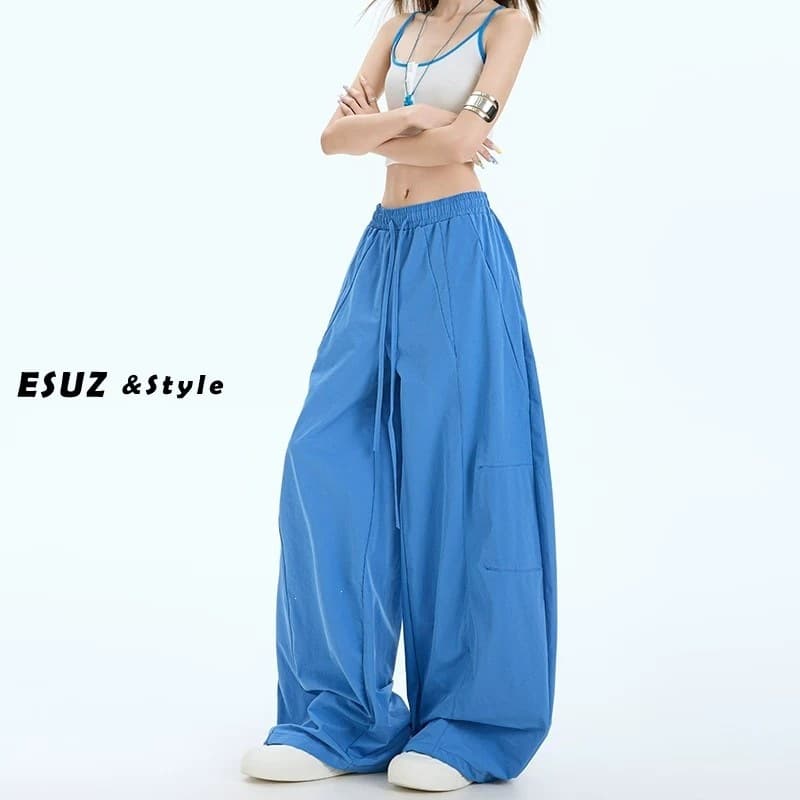 Blue Quick-Dry Curved Blade Cargo Pants Women Summer Thin Casual American Wide-Leg Pants Petite Vintage Sports Pants
