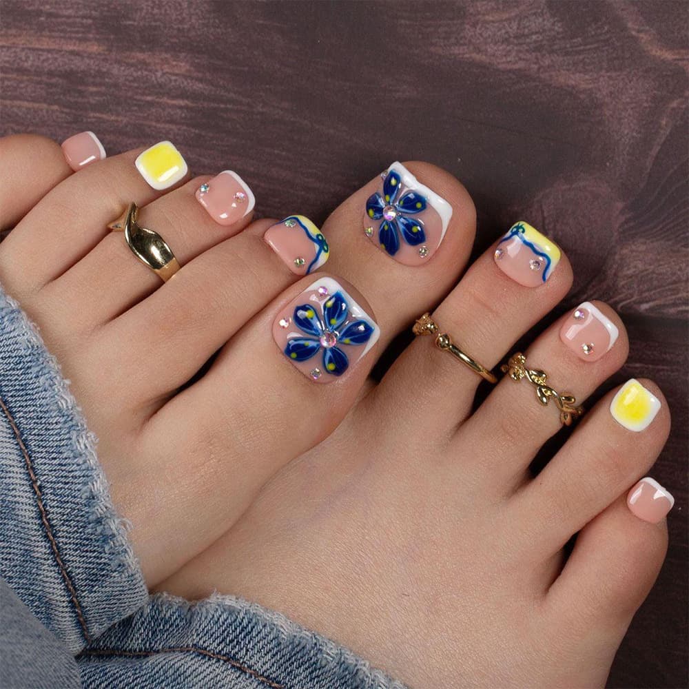 3D Flower French Rhinestone Toe Nails Export Soft Style Brightening Press-On Nails 24-Piece Toe Nail Tips Mixed Wholesale