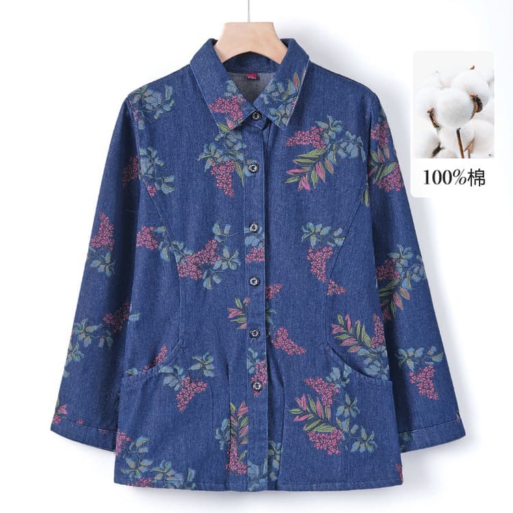 Middle-aged mothers' spring and autumn shirt jackets, middle-aged and elderly women's printed denim tops, grandma's summer plus size