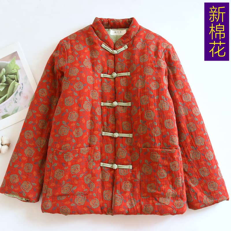 558 New Year Style Winter Handmade Cotton Padded Coat Chinese Style Red for Middle-aged and Elderly Warm and Thickened