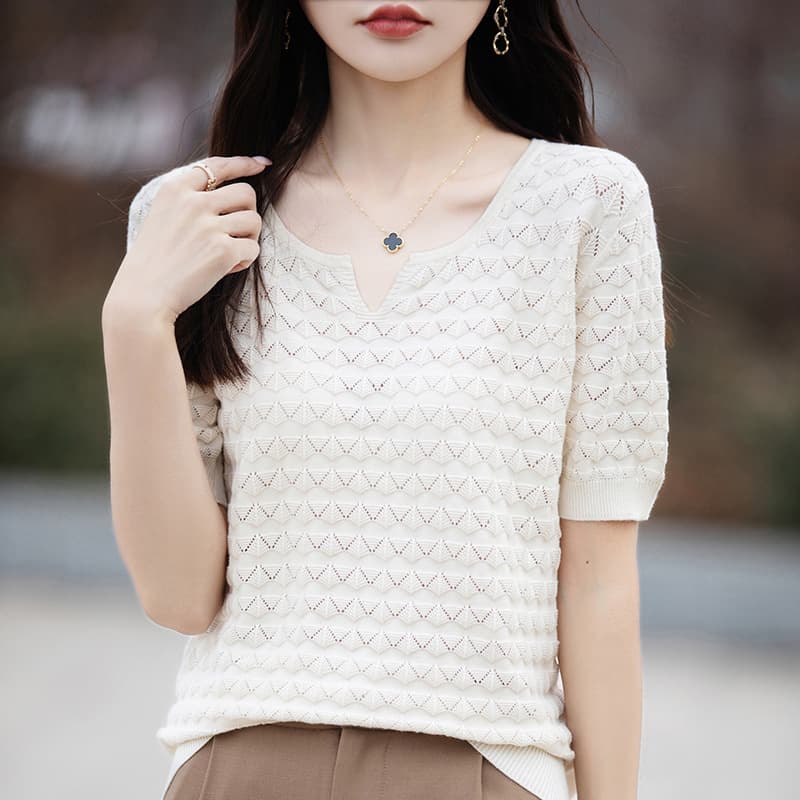 Cotton Half-Open Collar Knit Short-Sleeve Top for Women 2024 Spring/Summer New Loose Hollow Design Base Layer