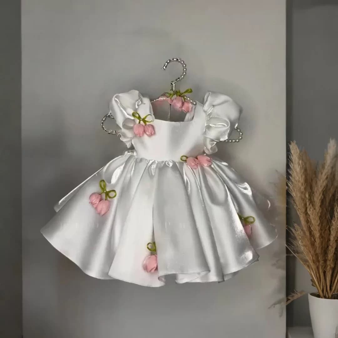 Girls' Formal White Dress Baby Birthday Tulip Flower Tutu Princess Dress with Tie Bow Puff Sleeves