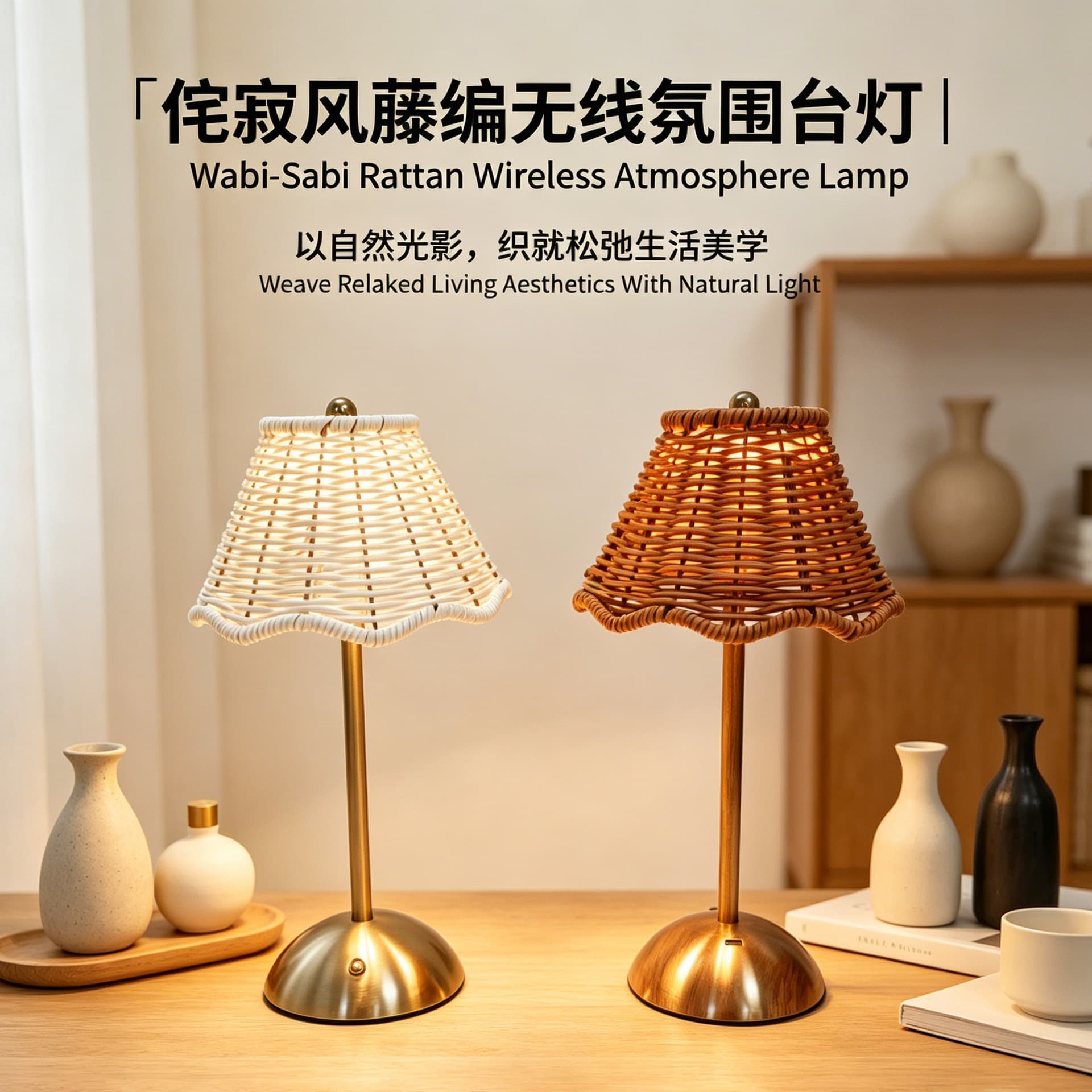 LED Rechargeable Atmosphere Table Lamp, Vintage Handwoven Rattan Table Lamp, Southeast Asian Style Home Decor Living Room Bedroom Lamp