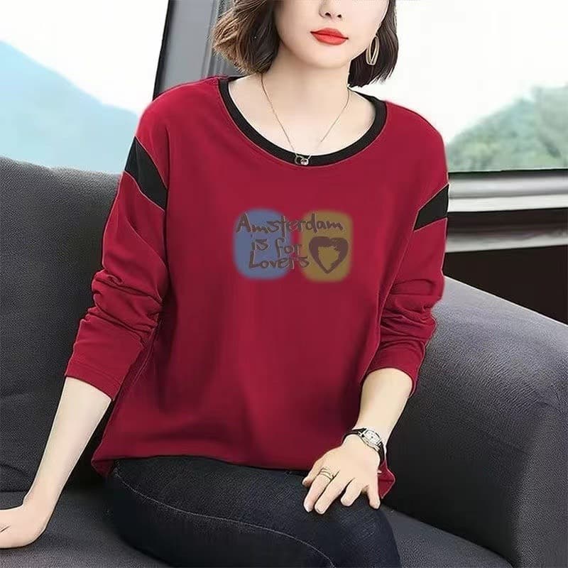 2025 Autumn and Winter Versatile Korean Style Loose Long Sleeve T-Shirt Women's Printed Top Thin Slim Round Neck Bottoming Shirt