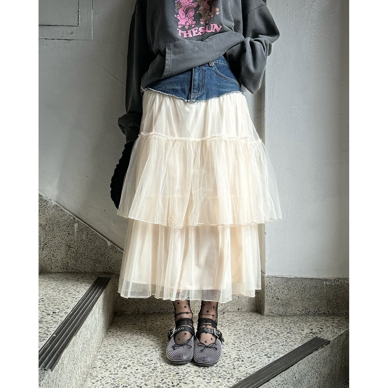 Vintage Denim Mesh Patchwork Long Skirt for Women 2026 Spring Korean Fashion Design Layered Cake Skirt