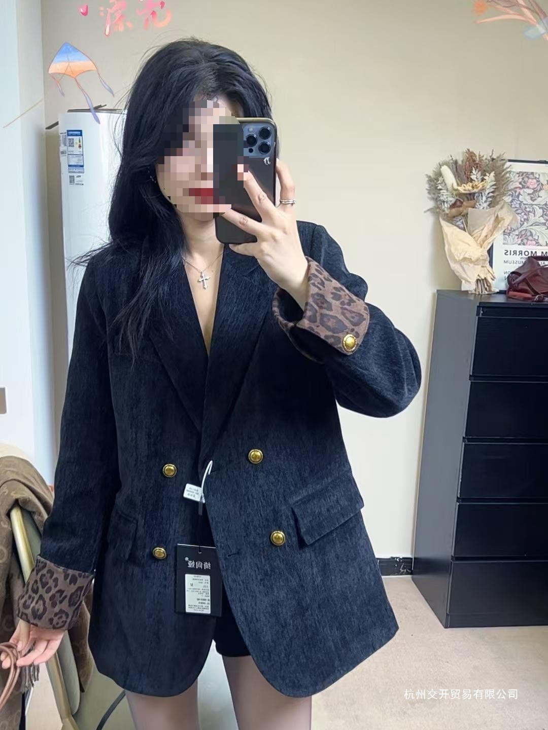 2025 Autumn/Winter New Korean Style Loose Fit Versatile Waist-Slimming Casual Thick Warm Black Leopard Print Suit Jacket