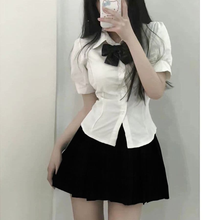 Women's JK Uniform Set Waist-Cinching Thin Shirt Top Summer Short-Sleeve School Bubble Blouse Three-Piece Set Versatile Trendy