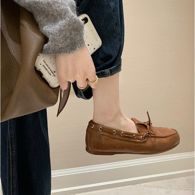 Grape Mom's Same Style In Stock~ Washable Horse Print British Style Bow Versatile Comfortable Loafer Flats for Women
