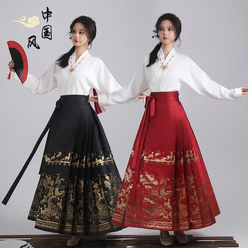 Original Ming-style Hanfu Women's Spring and Autumn Airplane Sleeves Cross-collar Embroidered Woven Gold Horse-face Skirt