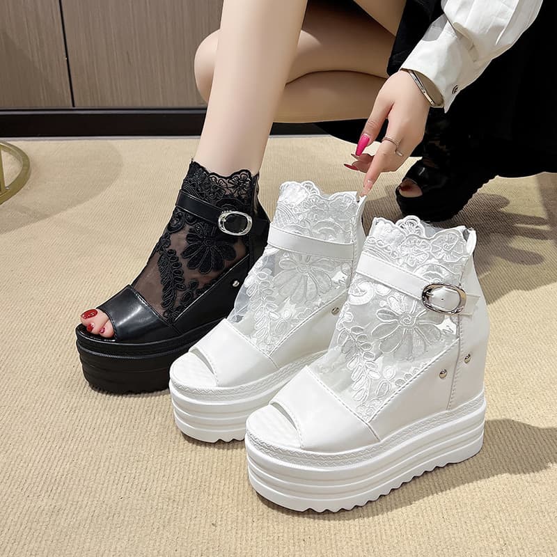 13CM Ultra High Heel Mesh Sandals Thick Platform Wedge Hidden Height Increase Peep Toe Sandals Women Sweet Lace Hollow Out Fashion Sandals