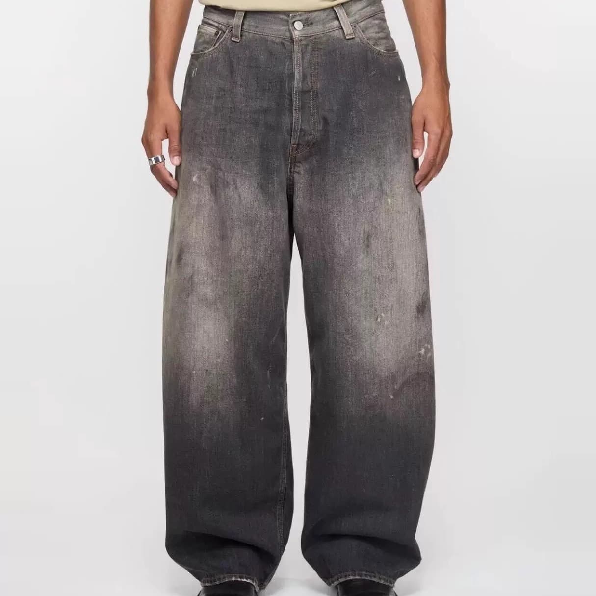 Washed Black Tea Color Splatter Denim Jeans Wide Leg Vintage Style Men's Casual Trousers Chinese Brand AE Stock Origin