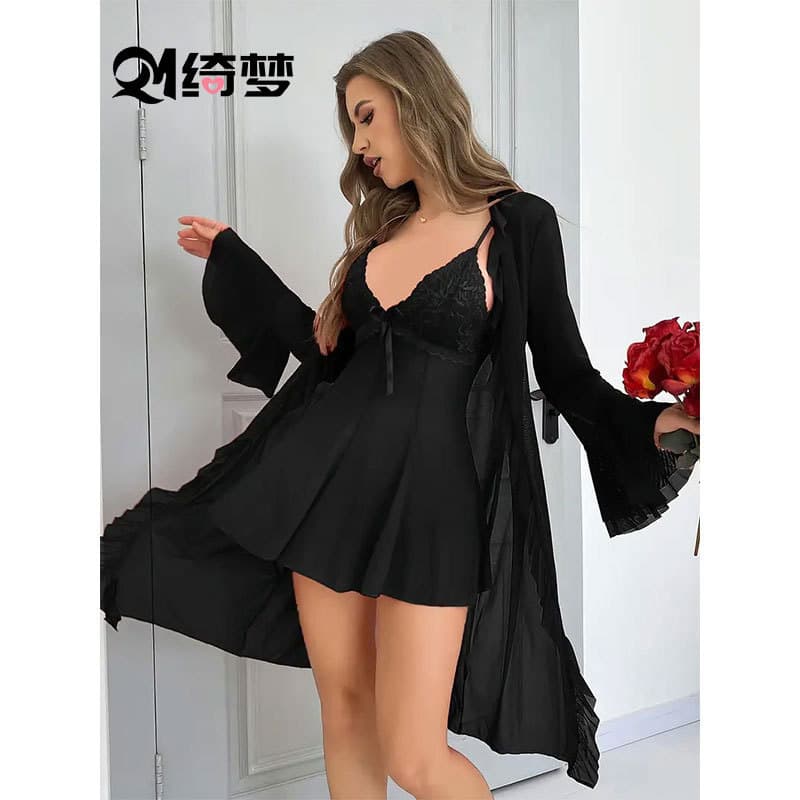 Sexy Mesh Lingerie Summer See-through Outerwear Strap Thin Sleep Dress Women's Ultra-lightweight Breathable Polyester Fabric