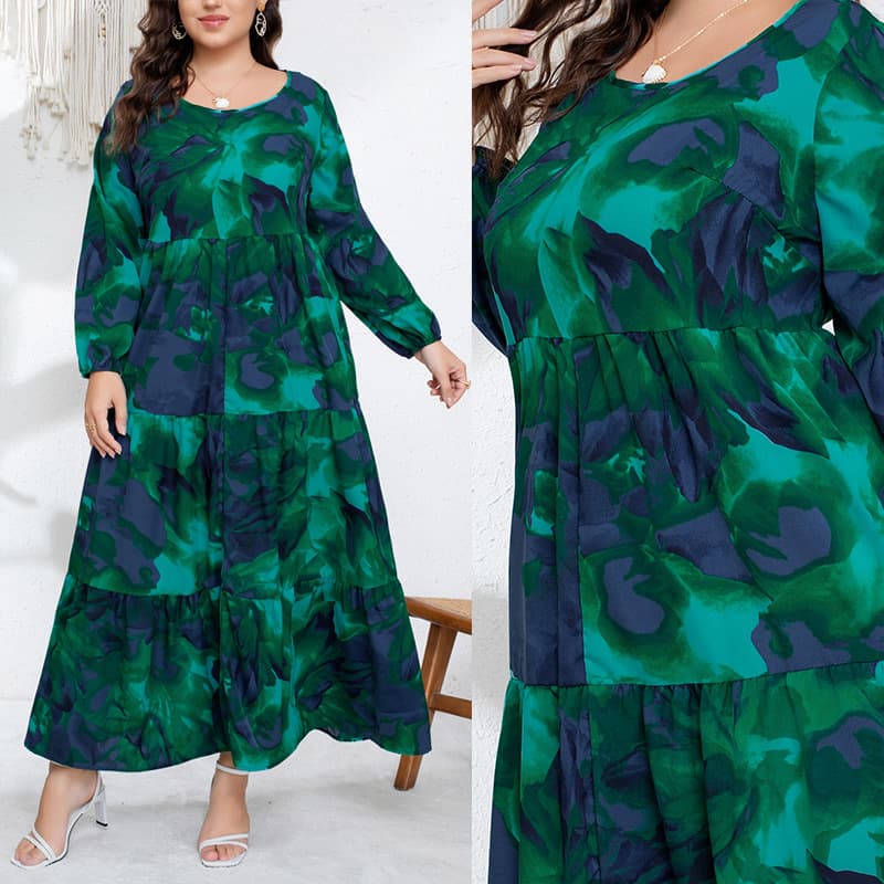 In Stock Plus Size European American Style French Autumn Winter New Design Fashion V-Neck Printed Pleated Long Sleeve Maxi Dress
