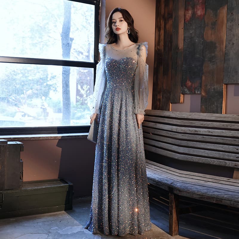 Sequin evening dress for women 2026 new temperament long-sleeved banquet host long lady super fairy annual party dress