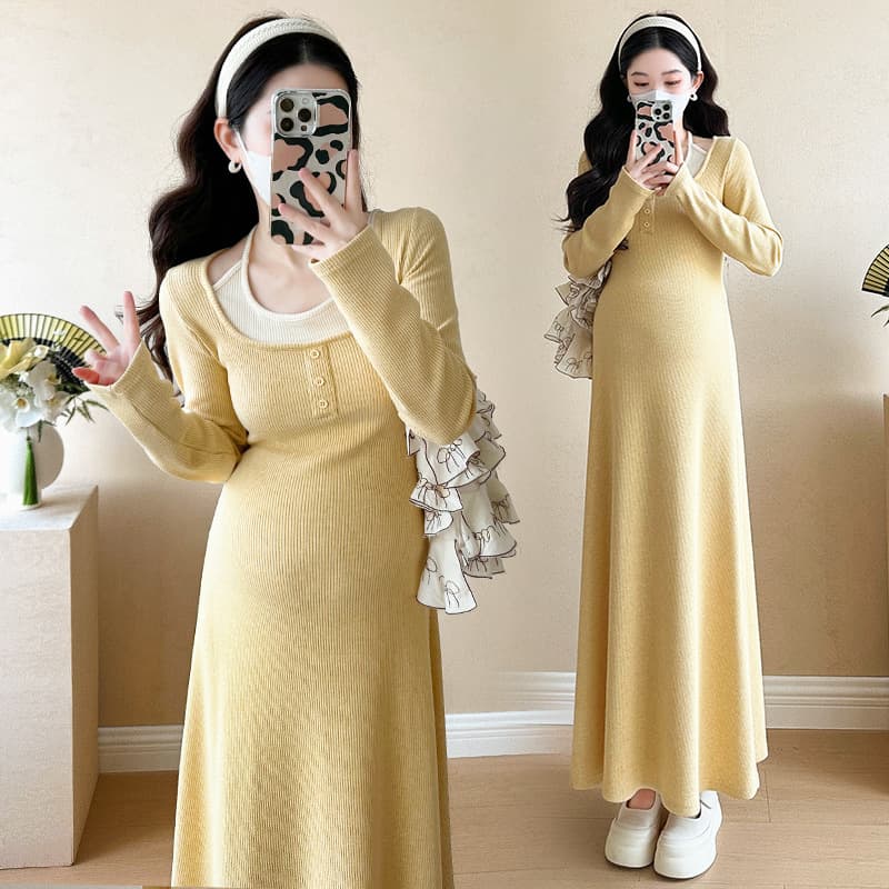 2025 Early Autumn Sweet Korean Style Patchwork Faux Two-Piece Plus Size Slim Fit Maternity Dress