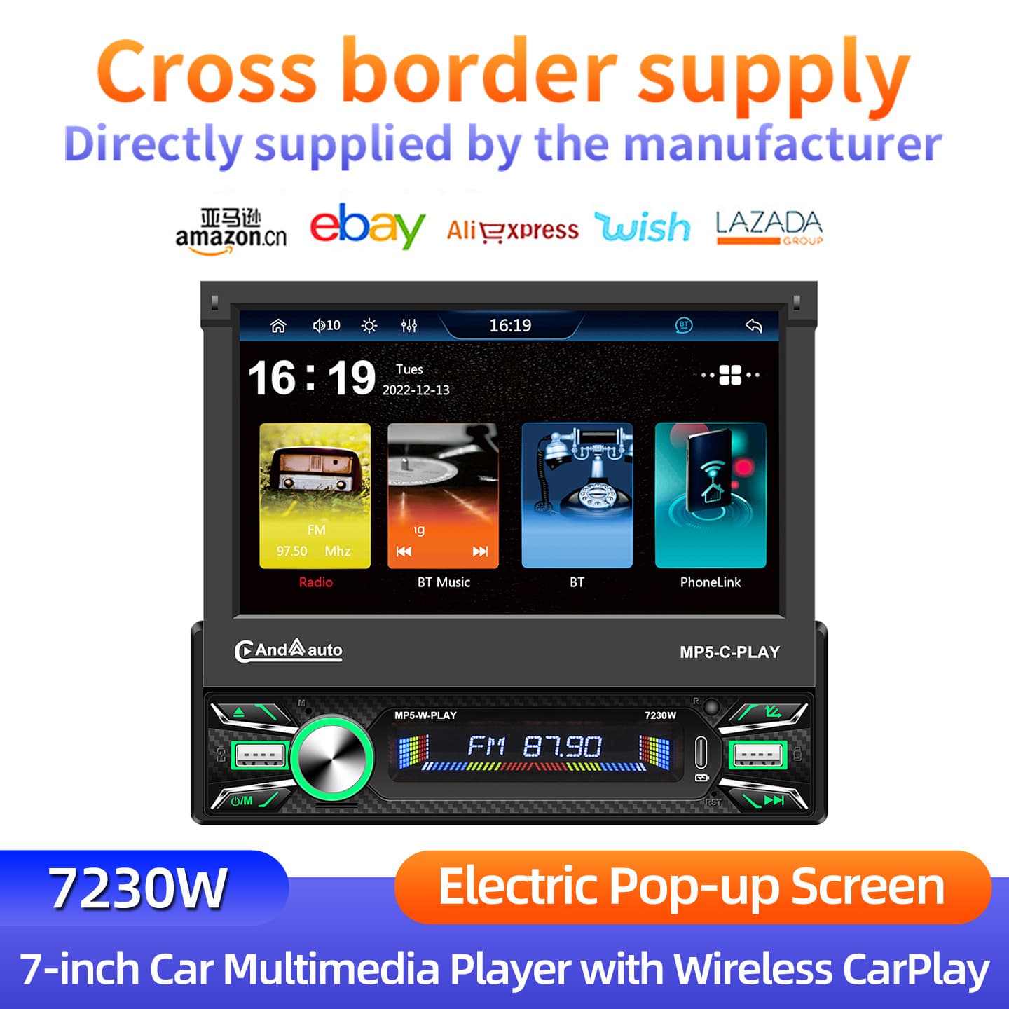 7-inch HD Electric Retractable Touch Screen Universal Car Player Type-C Fast Charging Apple CarPlay 7230W
