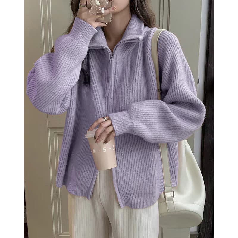 Korean style lapel double zipper sweater jacket for women autumn and winter 2026 new loose soft waxy lapel knitted cardigan top