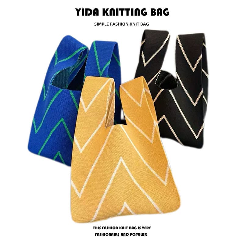Casual Knitted Handbag Commute Vest Diagonal Stripe Handbag Contrast Color Leisure Bag Wave Arrow Pattern Handbag