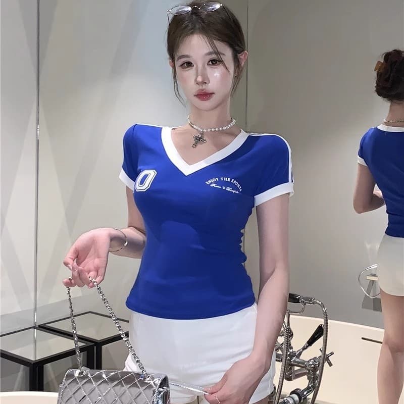5126# American Retro Contrast Color V-Neck Regular Shoulder Short Sleeve T-Shirt Summer with Padded Bust Slimming Short Versatile Top