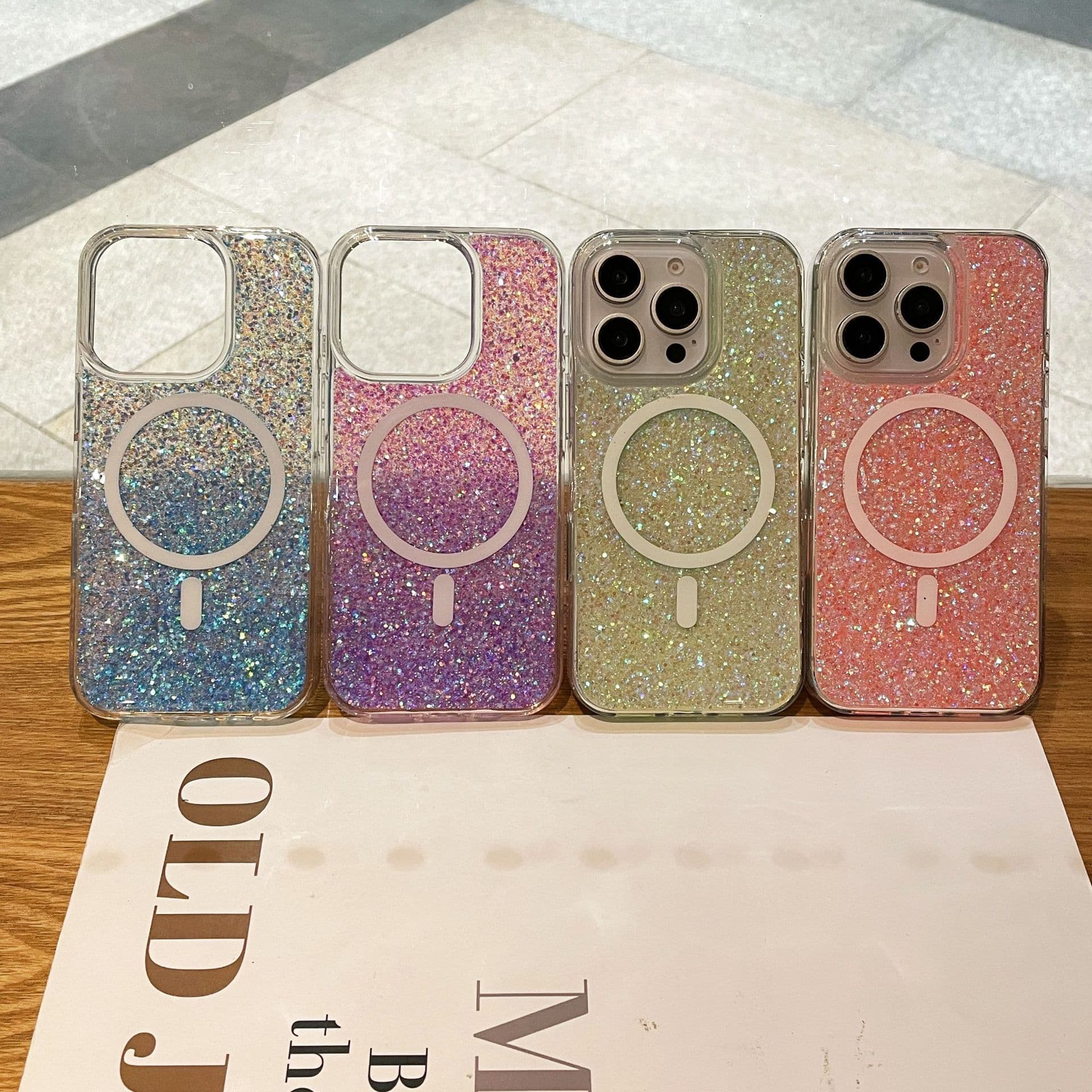 Resin Glitter Magnetic Case for iPhone 16 Pro Max, Sequins Gradient for 15 Apple 14 Transparent Shockproof Phone Cover