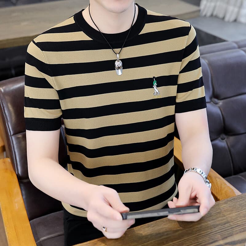 Cross-Border Bole 1-8-2 Men's Iliet Knitted High-Quality Striped Character Embroidery Short T-Shirt 2 One Piece Dropshipping