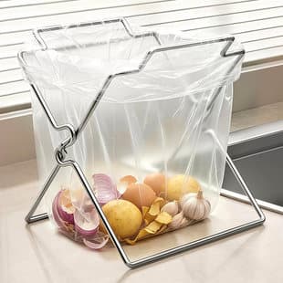 Kitchen Stainless Steel Trash Bag Holder Desktop Garbage Bag Bucket Rack Storage Organizer Countertop Plastic Bag Support Stand