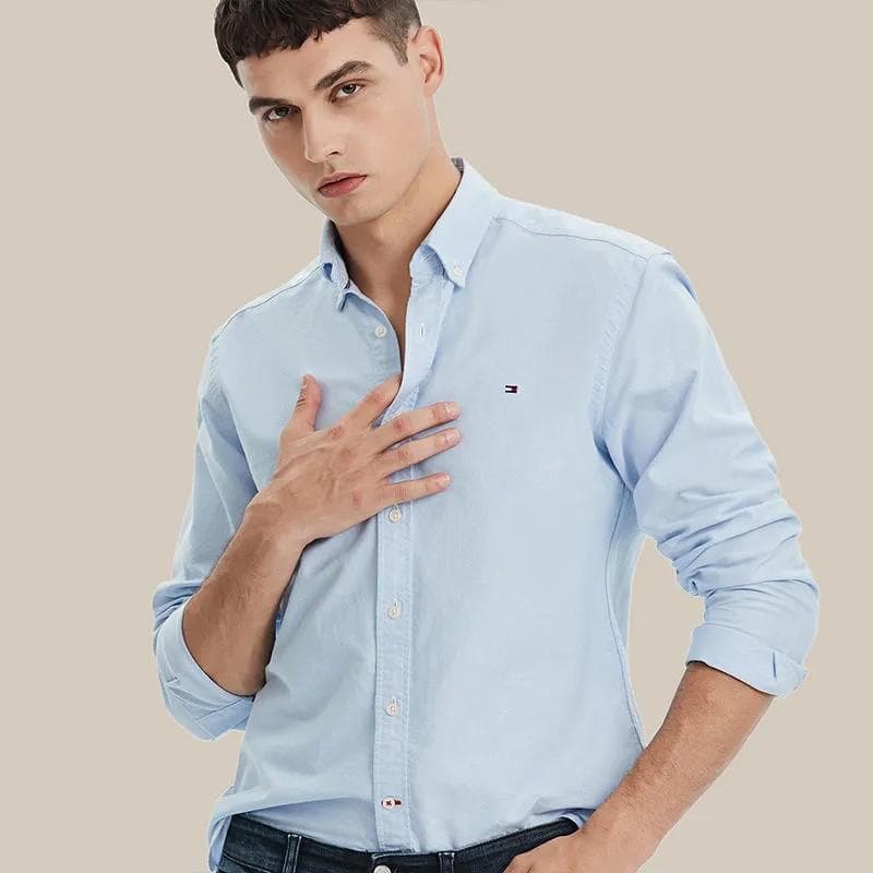 Tommy Tang Men's Long Sleeve Shirt Luxury Business Casual Mid-Aged Button-Down Oxford Fabric