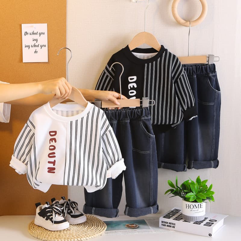 Boys Long Sleeve Spring Autumn Set 2025 New Baby Spring Outfit Denim Pants Boys Crew Neck Sweatshirt Two-Piece Set